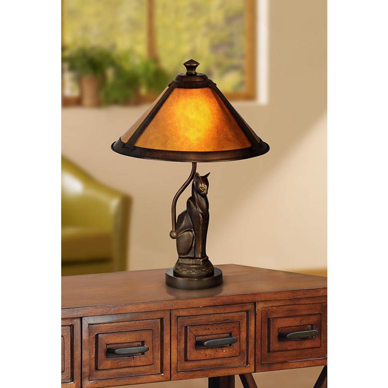 Image 1 Dale Tiffany Bronze Cat 17 inch High Accent Lamp with Ginger Mica Shade in scene