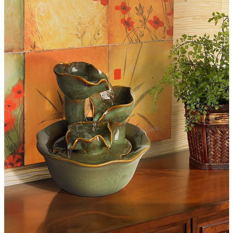 Image 1 Organic Water Lily Ceramic 8 inch High Tabletop Fountain in scene