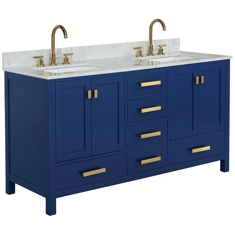 Image 1 Valentino 60" Wide Blue Wood 5-Drawer Double Sink Vanity