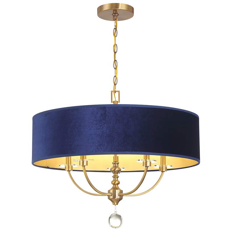 Image 2 Van Noord 26 1/4"W Brass 5-Light Chandelier with Blue Shade