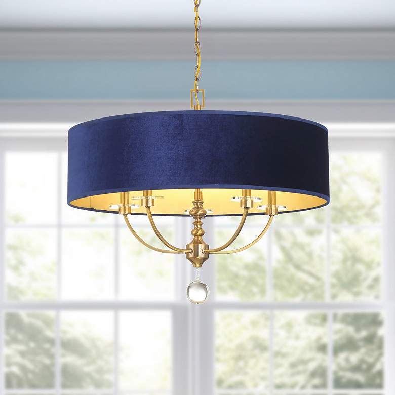 Image 1 Van Noord 26 1/4"W Brass 5-Light Chandelier with Blue Shade