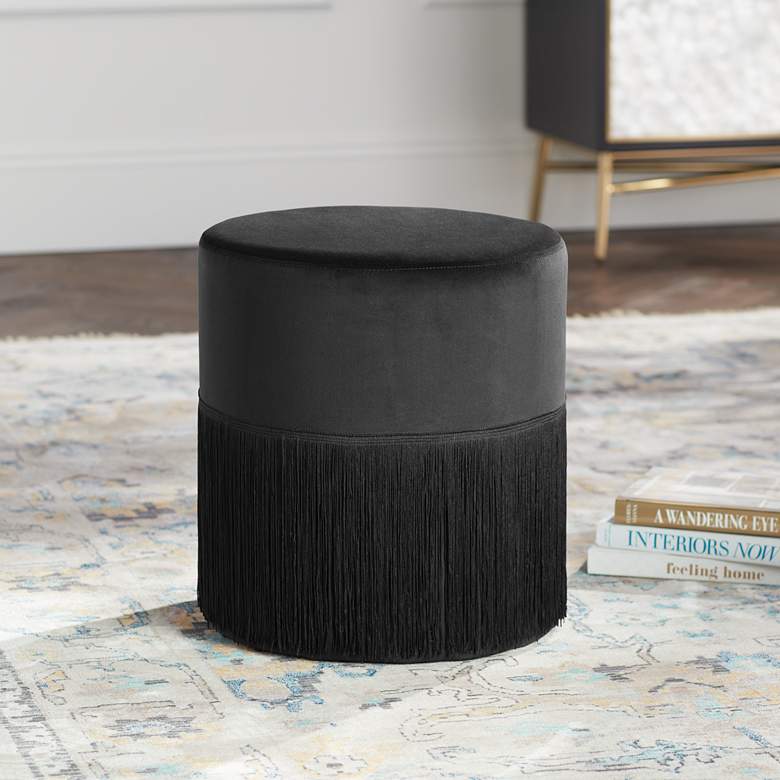 Image 1 Vanda Black Round Accent Stool with Fringe Trim