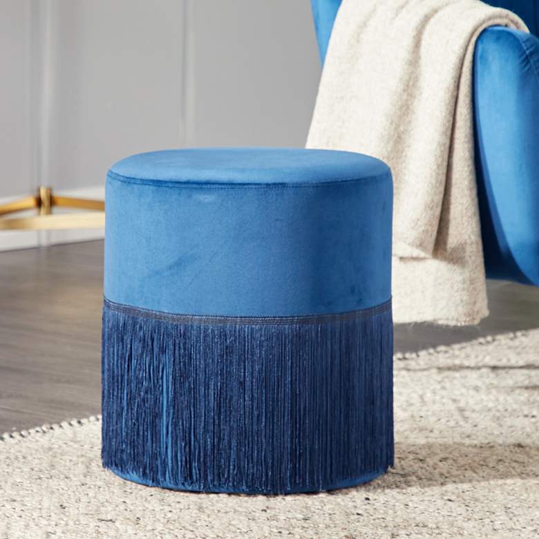 Image 1 Vanda Royal Blue Round Accent Stool with Fringe Trim