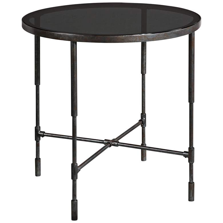 Vande 24 1/2 inch Wide Smoke Glass and Aged Steel Accent Table