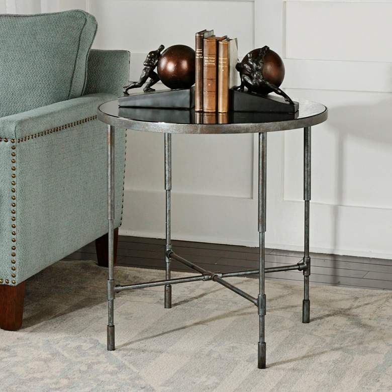 Image 1 Vande 24 1/2 inch Wide Smoke Glass and Aged Steel Accent Table