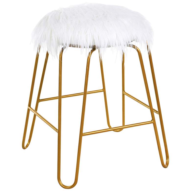 Image 2 Vanessa 18 inch White Faux Fur and Gold Vanity Stool