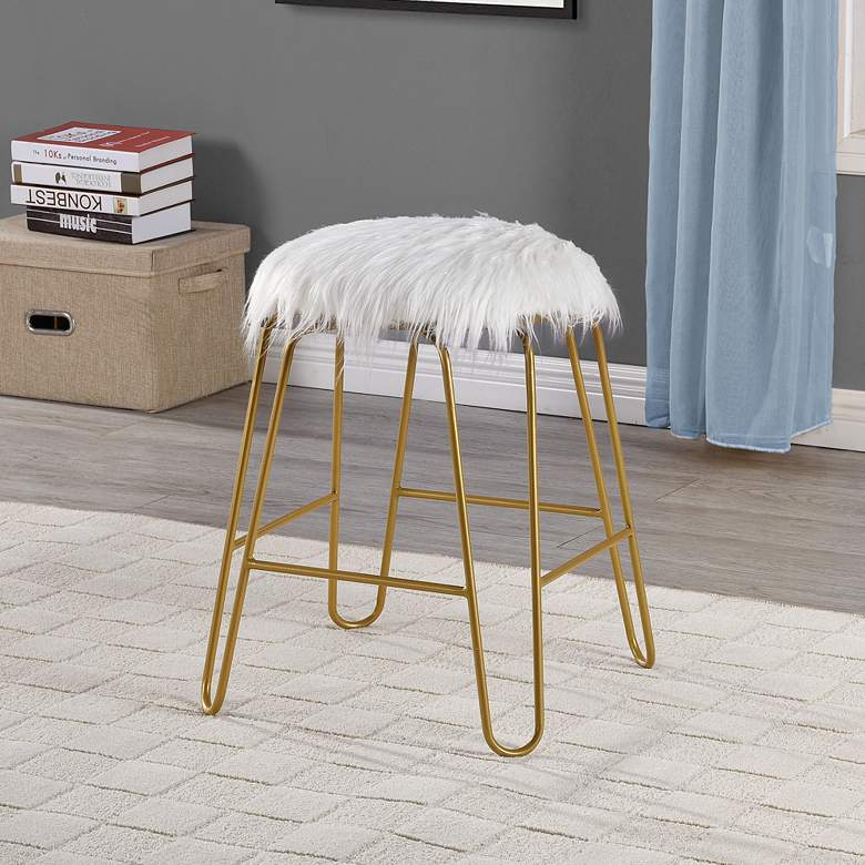Image 1 Vanessa 18 inch White Faux Fur and Gold Vanity Stool