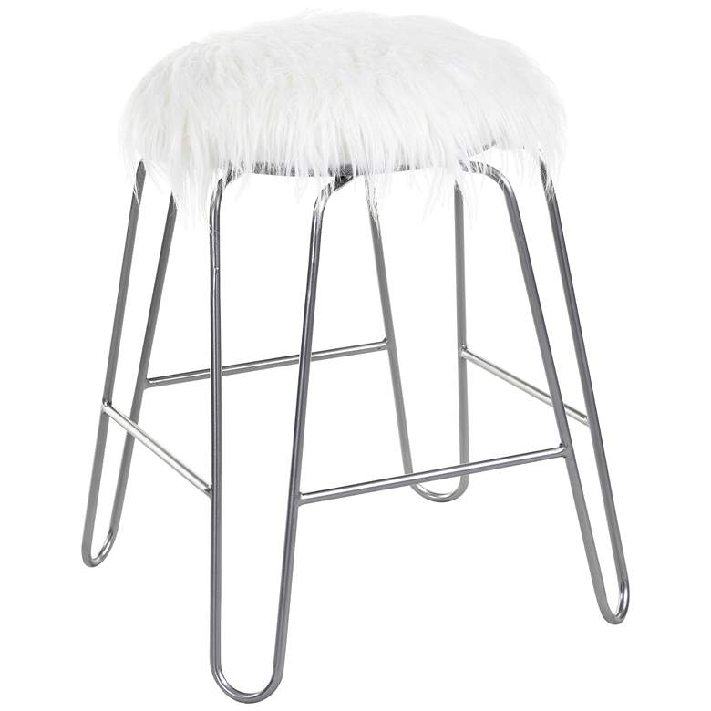 Image 2 Vanessa 18" White Faux Fur and Silver Vanity Stool