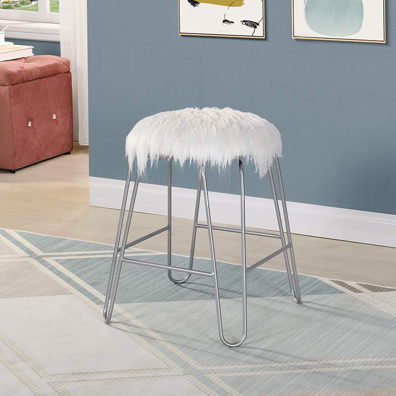 Image 1 Vanessa 18" White Faux Fur and Silver Vanity Stool