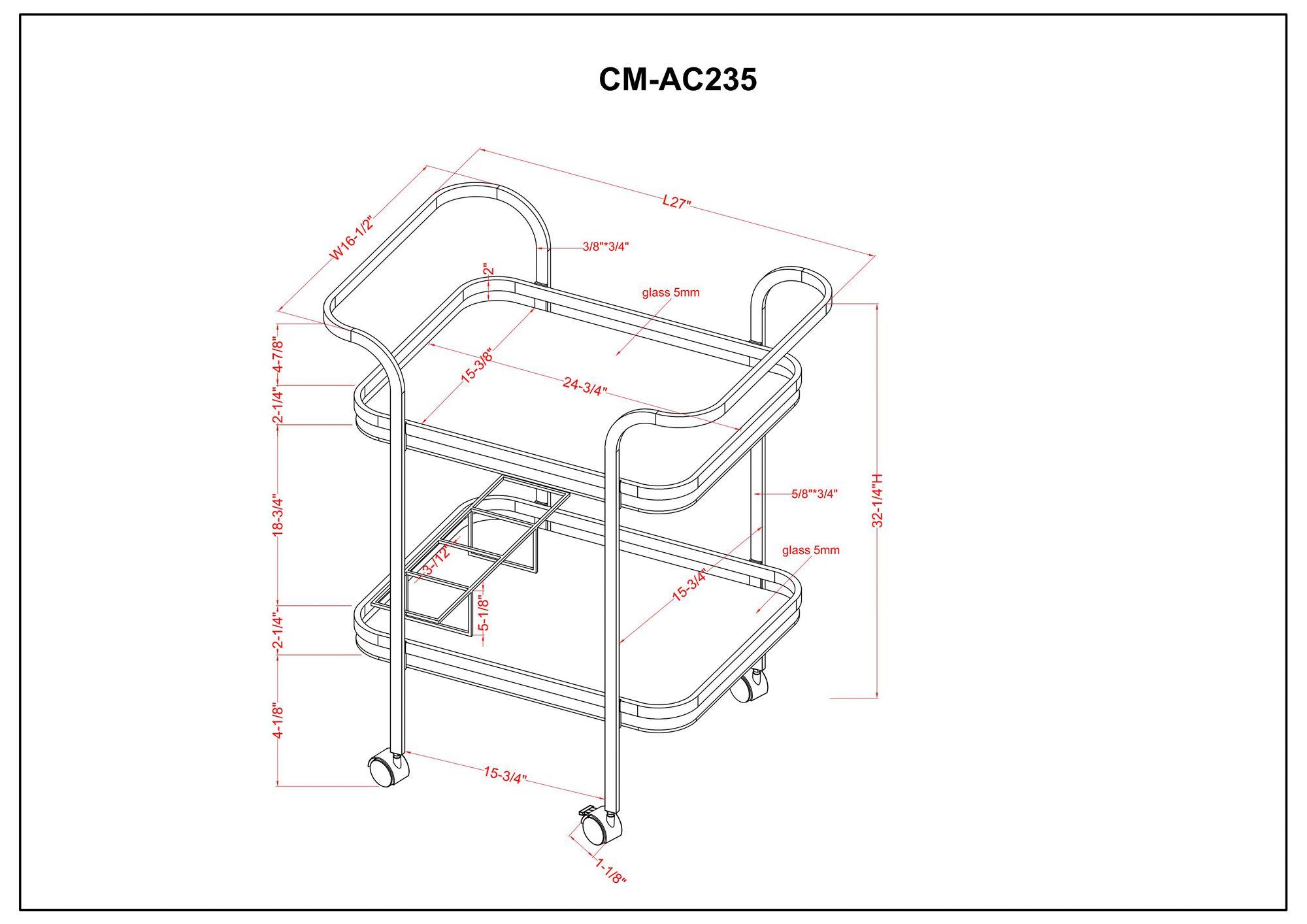 Vangara 27" Wide Champagne Metal Tempered Glass Tea Cart or Bar Cart