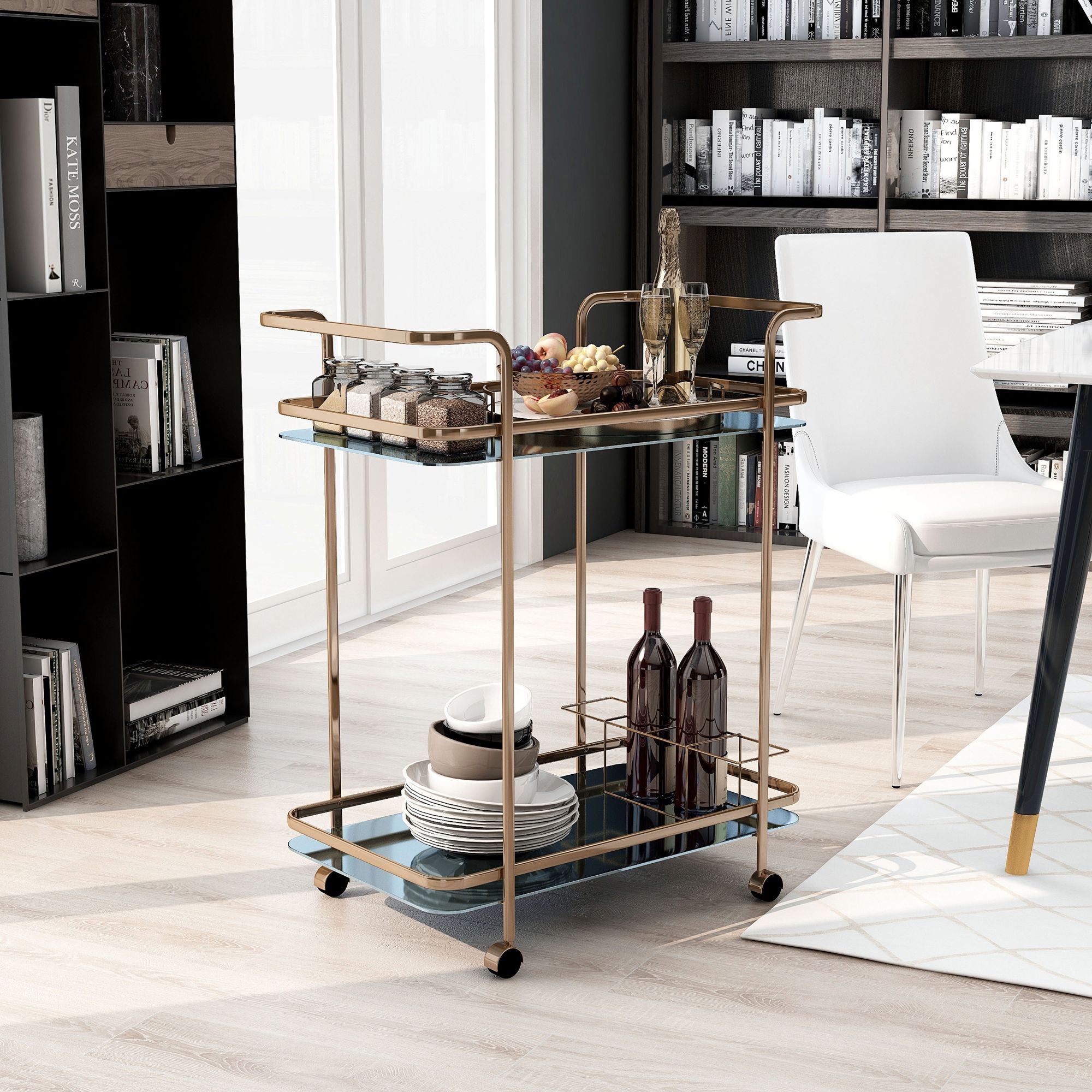 Vangara 27" Wide Champagne Metal Tempered Glass Tea Cart or Bar Cart