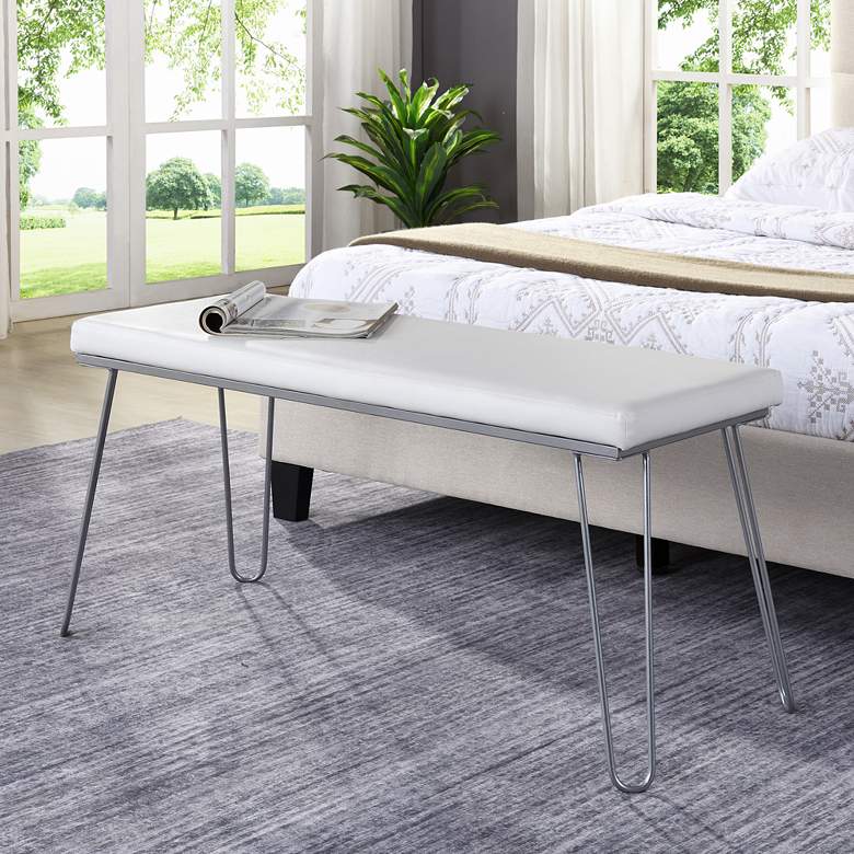Image 1 Vanna 42" Wide White Faux Leather and Silver Backless Bench