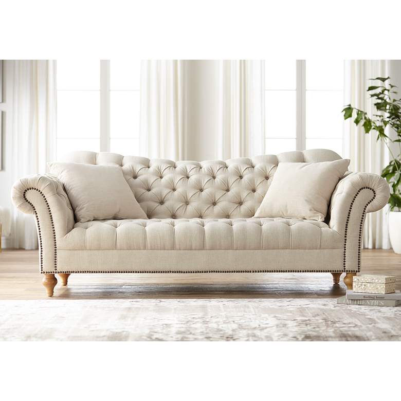 Image 1 Vanna 90 1/2 inch Wide Brussel Linen Tufted Sofa with Pillows