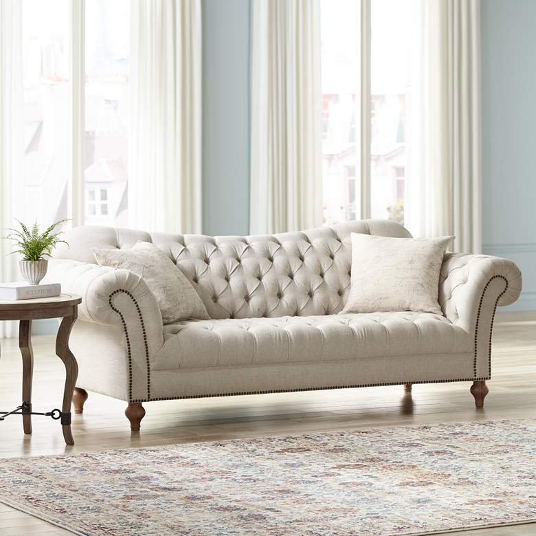 Image 1 Vanna Brussel Linen Tufted Sofa with Decorative Pillows
