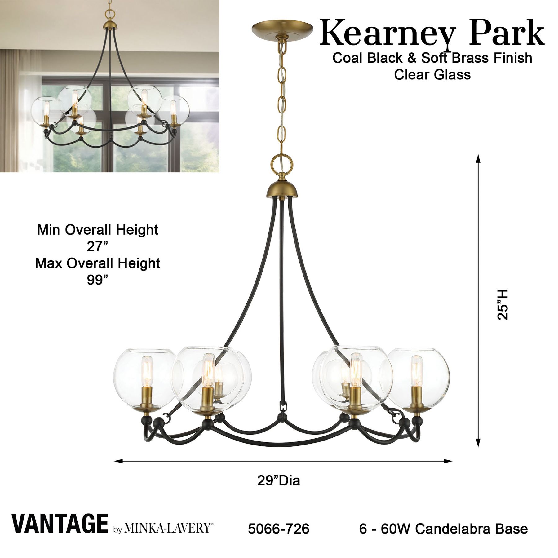 Vantage Kearney Park 6-Light Black and Soft Brass Chandelier in scene