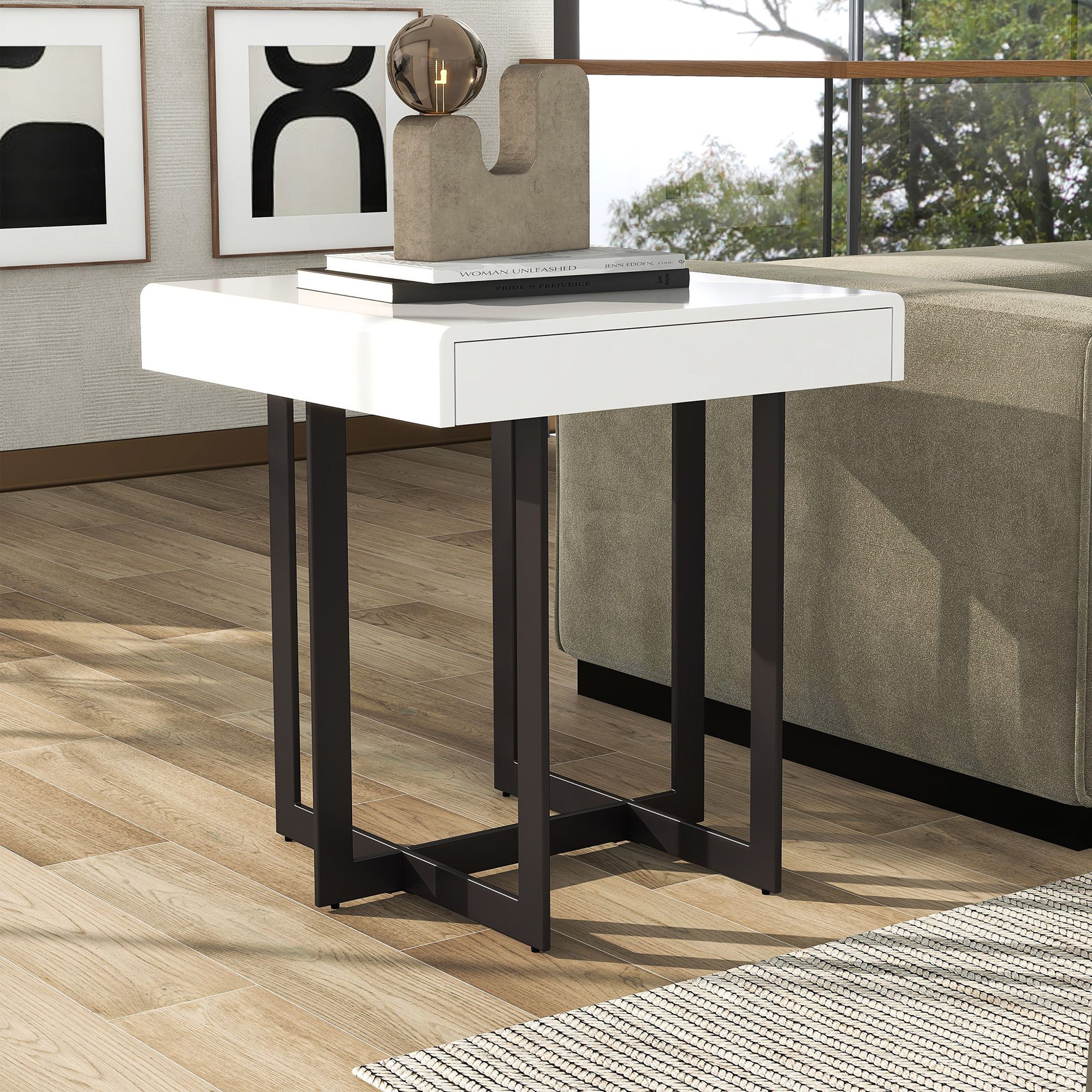 Vasket 24" Wide White Black 1-Concealed Drawer End Table