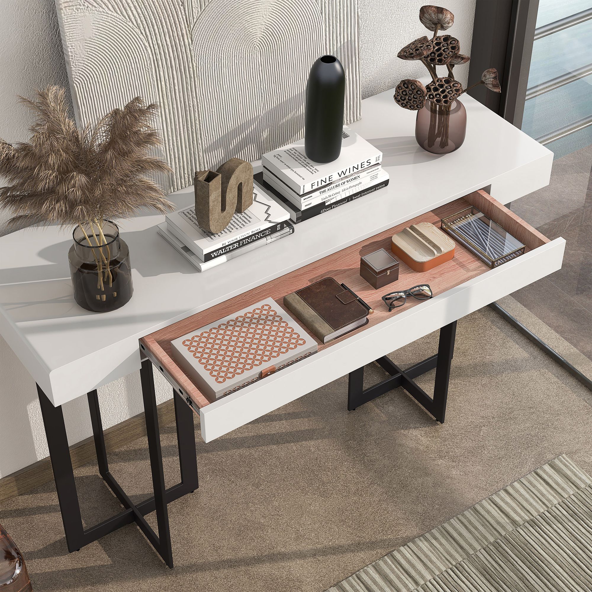 Vasket 47 1/4"W White Black 1-Concealed Drawer Console Table