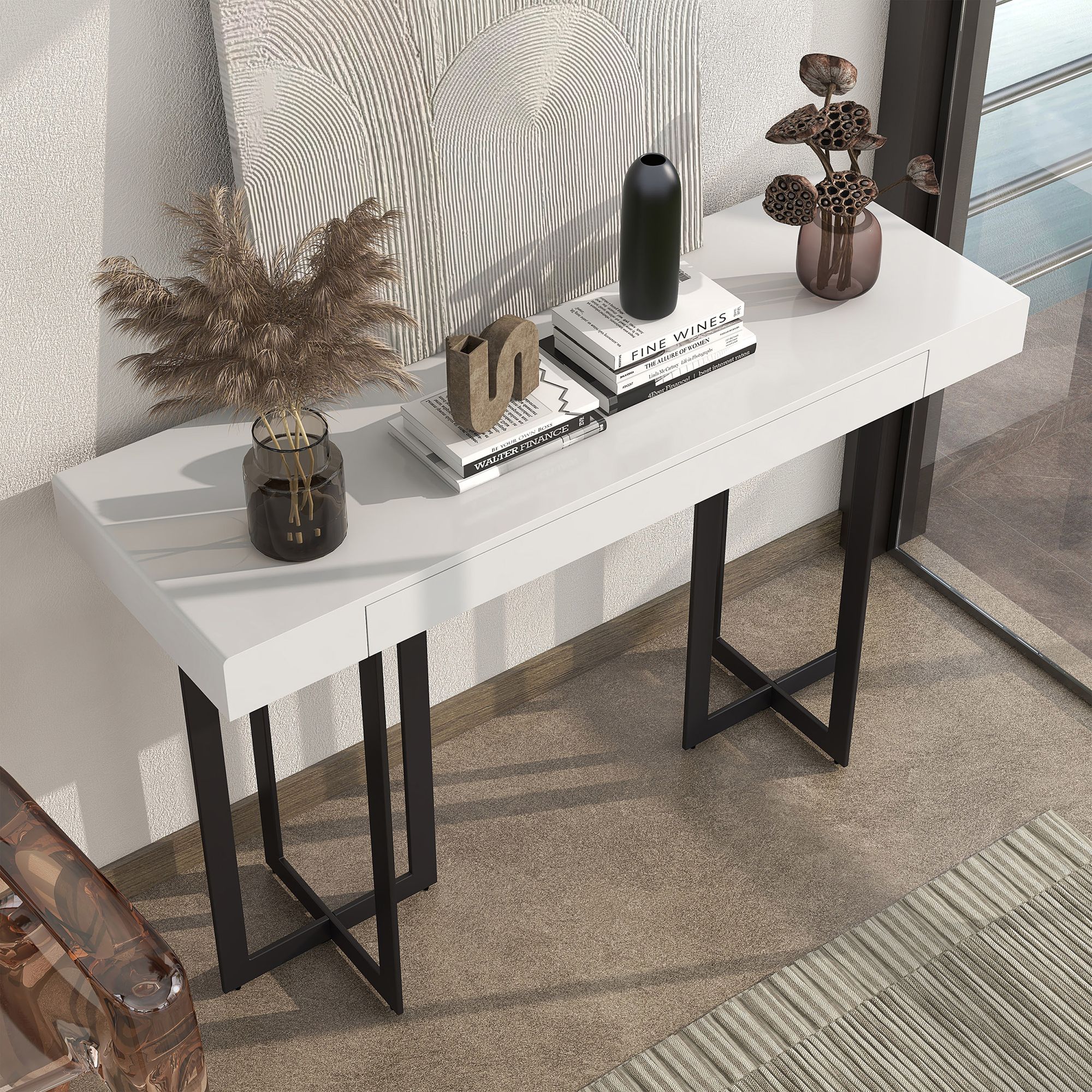 Vasket 47 1/4"W White Black 1-Concealed Drawer Console Table