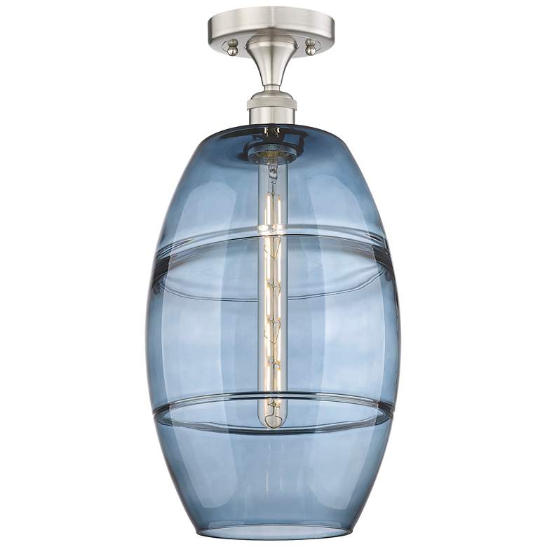 Image 1 Vaz 10" Wide Satin Nickel with Blue Glass Ceiling Light