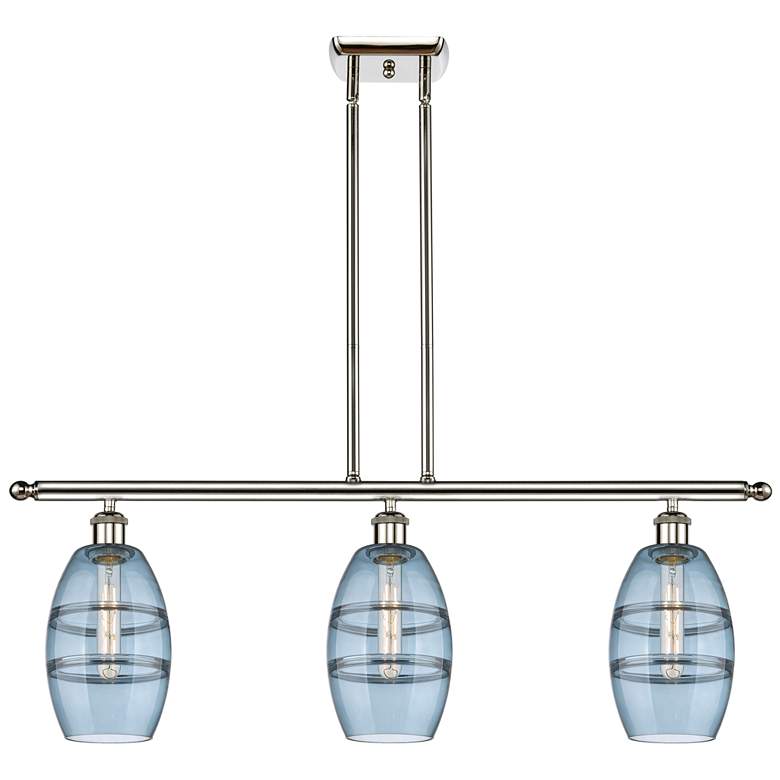 Image 1 Vaz 36"W 3-Light Polished Nickel Stem Island Light w/ 6" Blue Sha