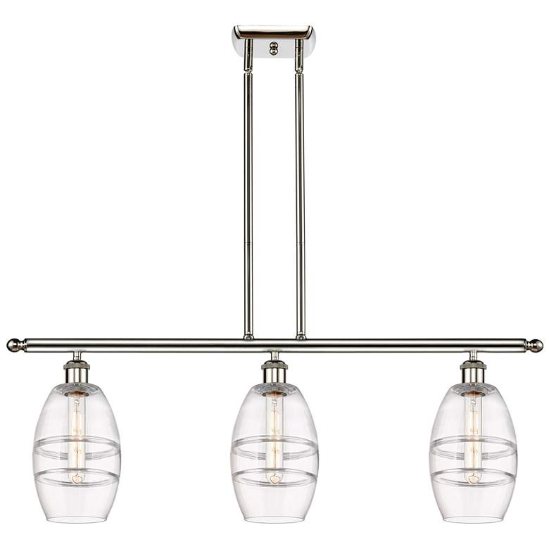 Image 1 Vaz 36"W 3-Light Polished Nickel Stem Island Light w/ 6" Clear Sh