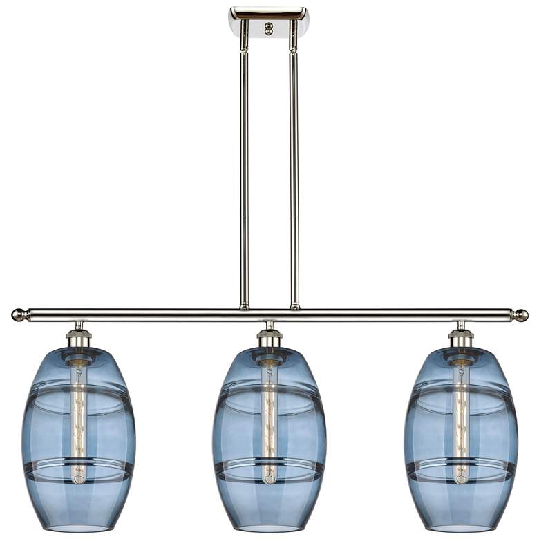 Image 1 Vaz 36"W 3-Light Polished Nickel Stem Island Light w/ 8" Blue Sha
