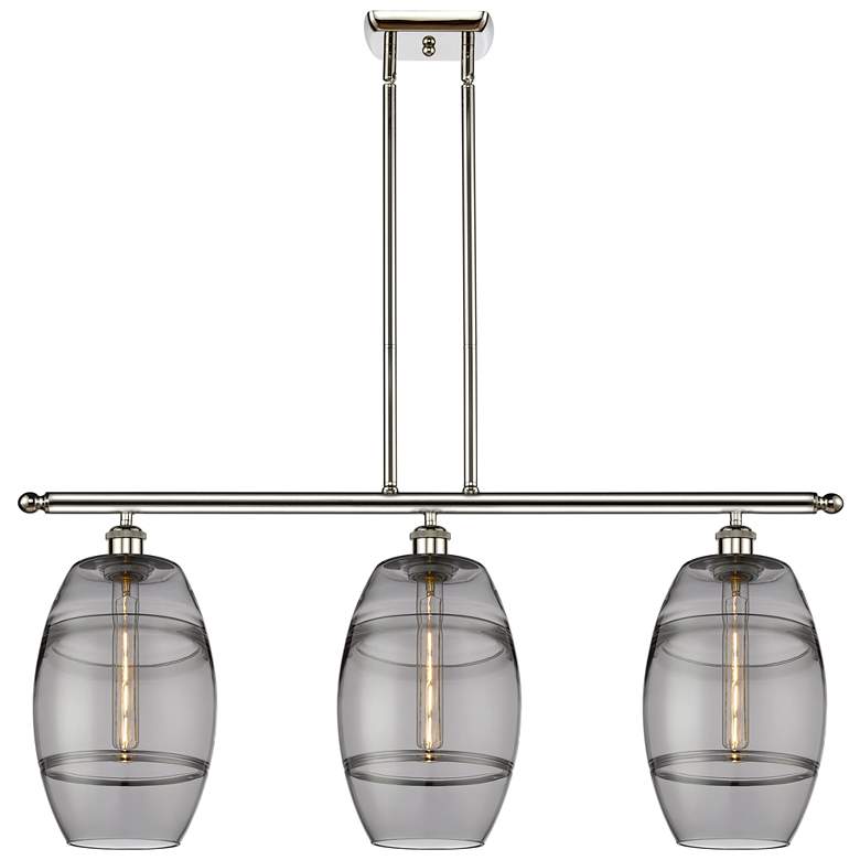 Image 1 Vaz 36"W 3-Light Polished Nickel Stem Island Light w/ 8" Smoke Sh