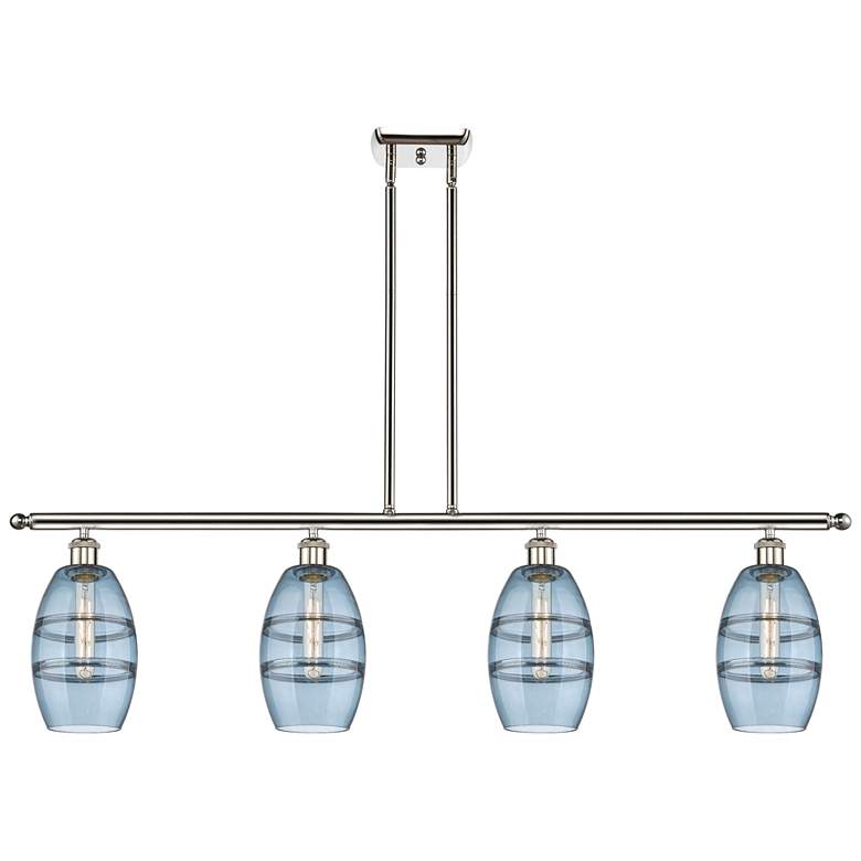 Image 1 Vaz 48"W 4-Light Polished Nickel Stem Island Light w/ 6" Blue Sha