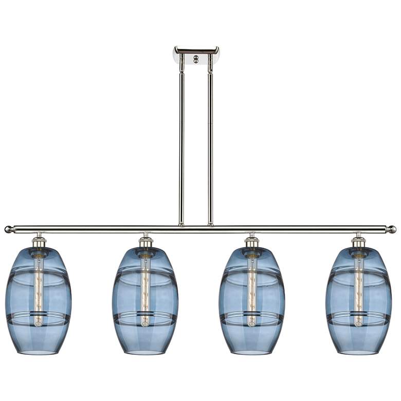 Image 1 Vaz 48"W 4-Light Polished Nickel Stem Island Light w/ 8" Blue Sha