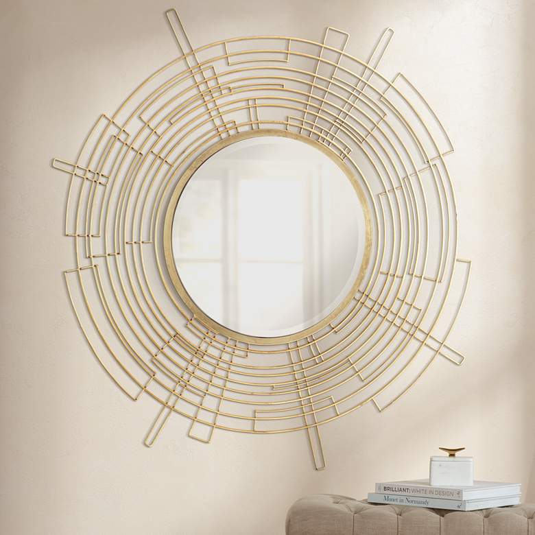 Image 1 Vector Antiqued Gold 50 inch Round Openwork Wall Mirror