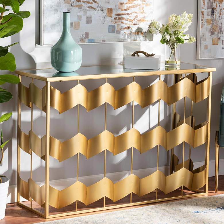 Image 1 Vega 47 1/4 inchW Gold and Mirrored Geometric Console Table