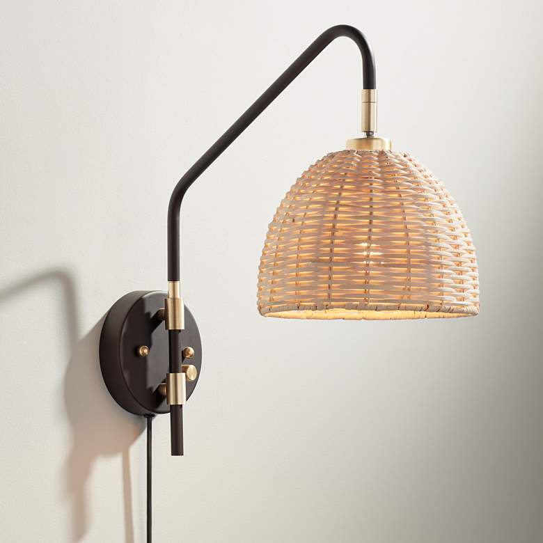 Vega Bronze and Brass Rattan Shade Plug-In Wall Lamp