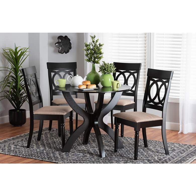 Image 1 Velia Sand Fabric and Dark Brown Wood 5-Piece Dining Set