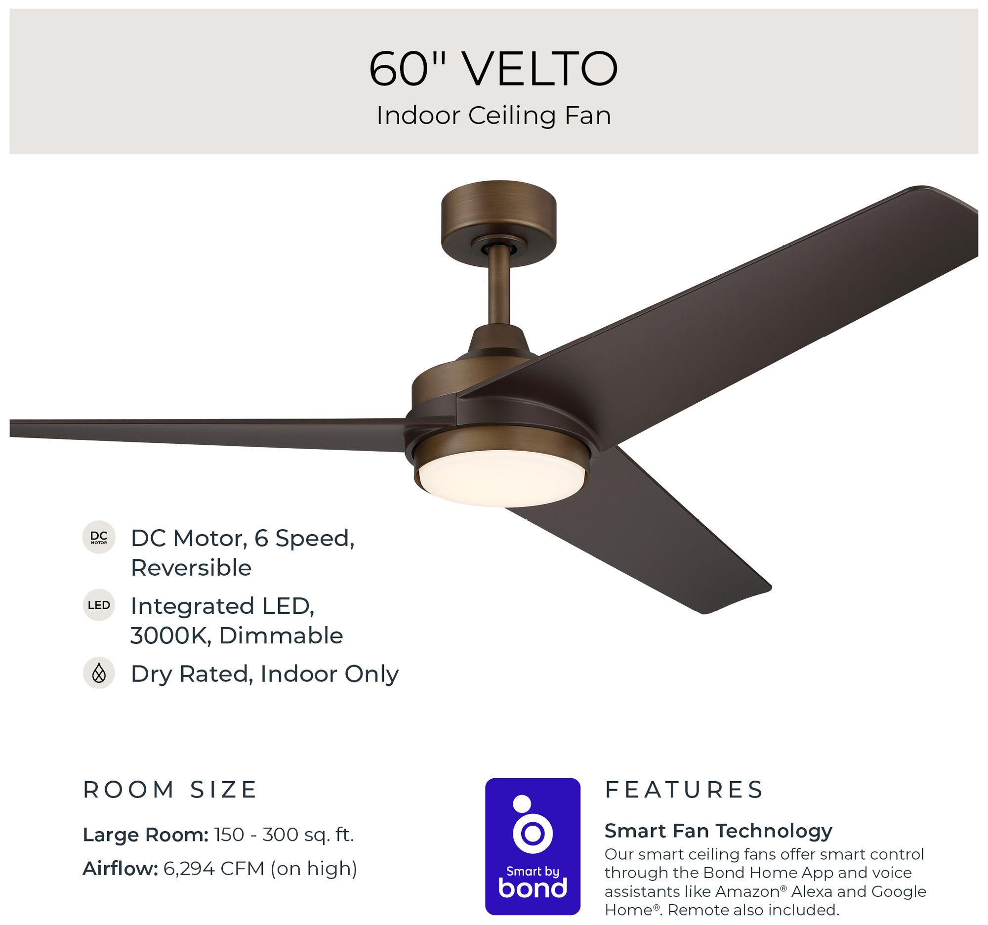 Velto Collection 60-in. Three Blade LED Modern Ceiling Fan