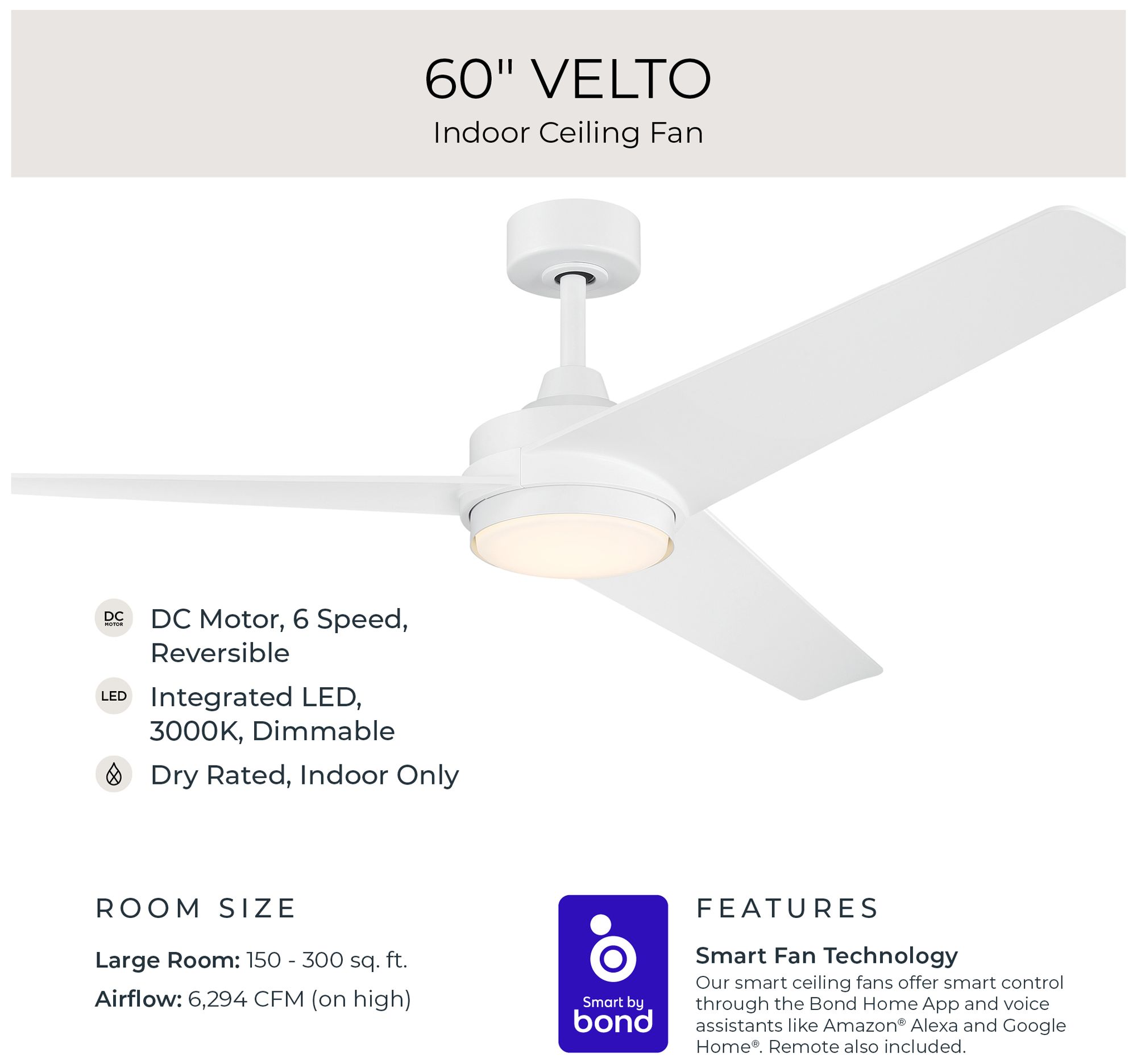 Velto Collection 60-in. Three Blade LED Modern Ceiling Fan