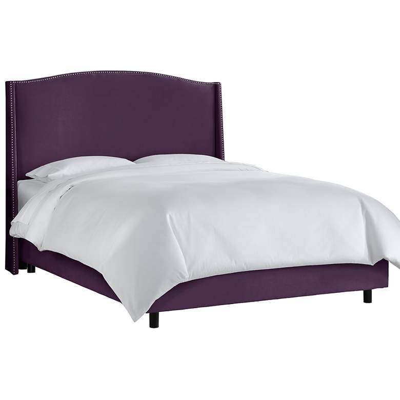 Image 1 Velvet Aubergine Nail Button Wingback Queen Bed