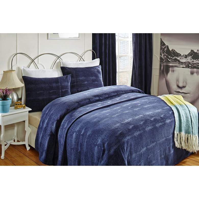 Image 1 Velvet Navy Distressed Fabric Queen Coverlet
