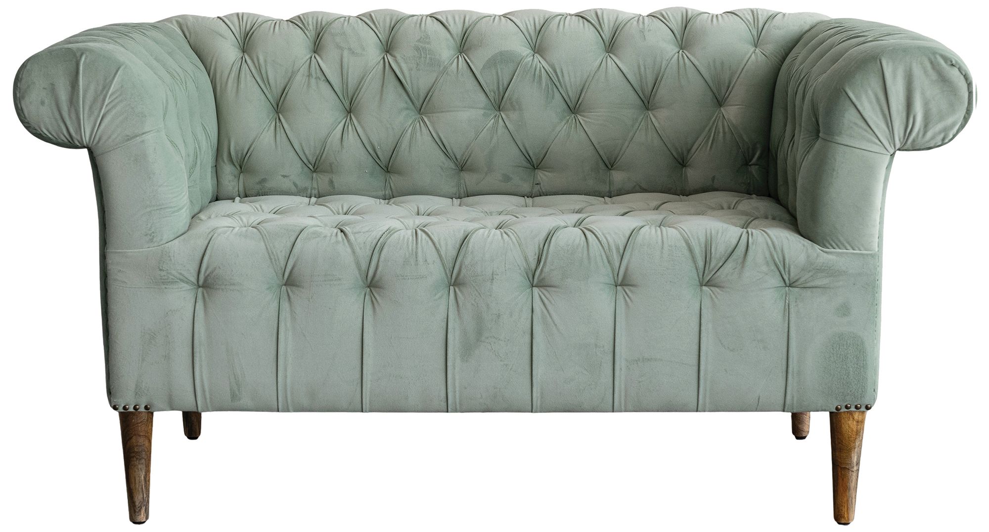 Velvet Upholstered Chesterfield Sofa w/ Mango Wood Legs & Metal Nail Heads