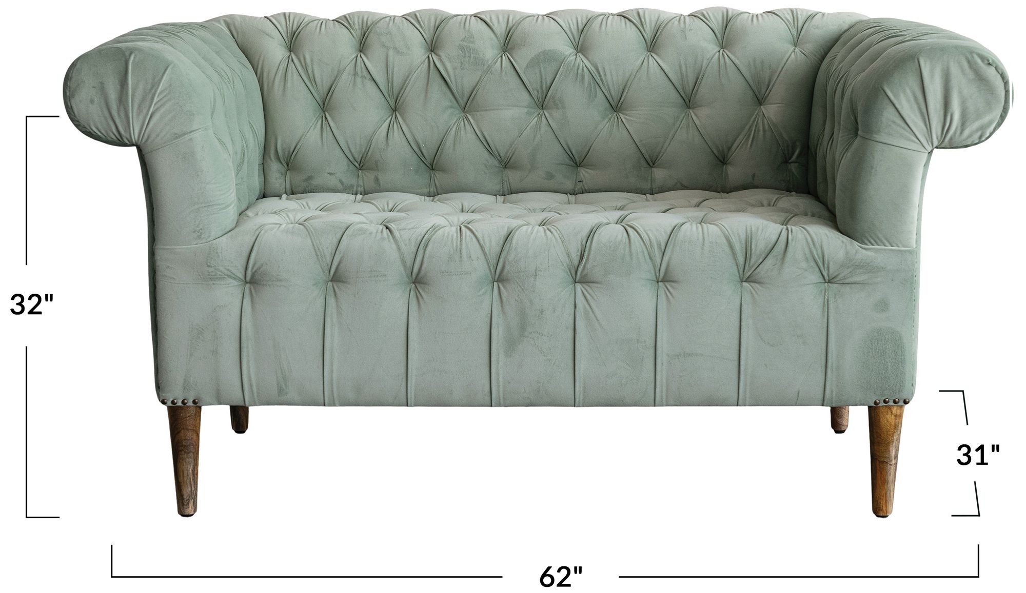 Image 2 Velvet Upholstered Chesterfield Sofa w/ Mango Wood Legs & Metal Nail Heads more views