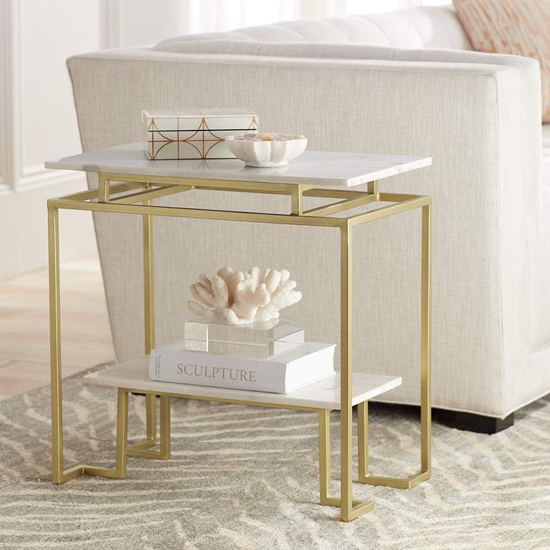 Image 1 Vendar 24 inch Wide Marble and Gold 2-Level Modern Accent Table