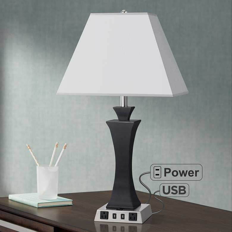 Image 1 Vendel Single Light Brushed Steel USB Nightstand Table Lamp