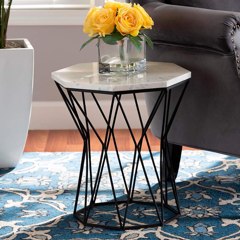 Image 1 Venedict 15 1/2"W White Marble Black Metal Round End Table