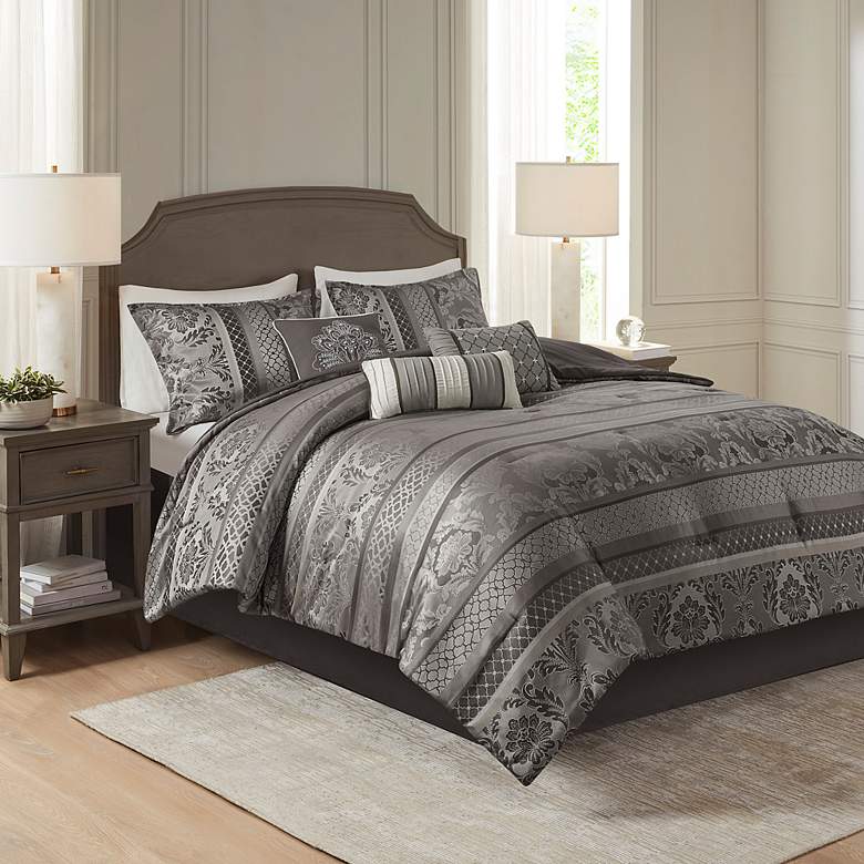 Image 1 Venetian Gray Paisley 7-Piece Queen Comforter Bed Set