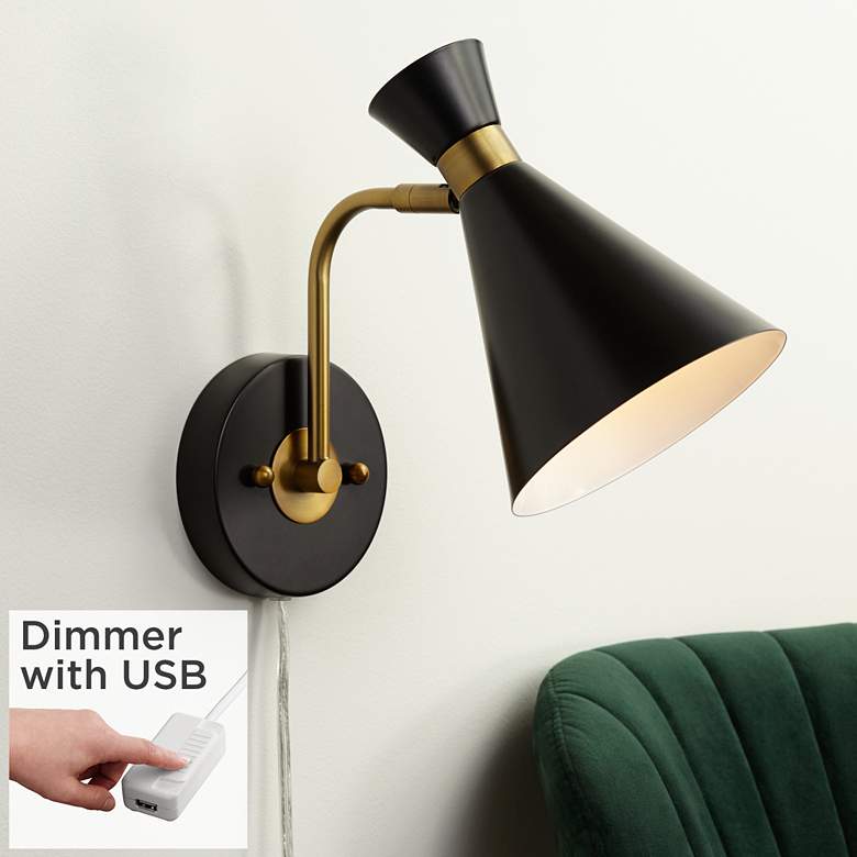 Image 1 Venice Matte Black Modern Cone Wall Lamp with USB Dimmer