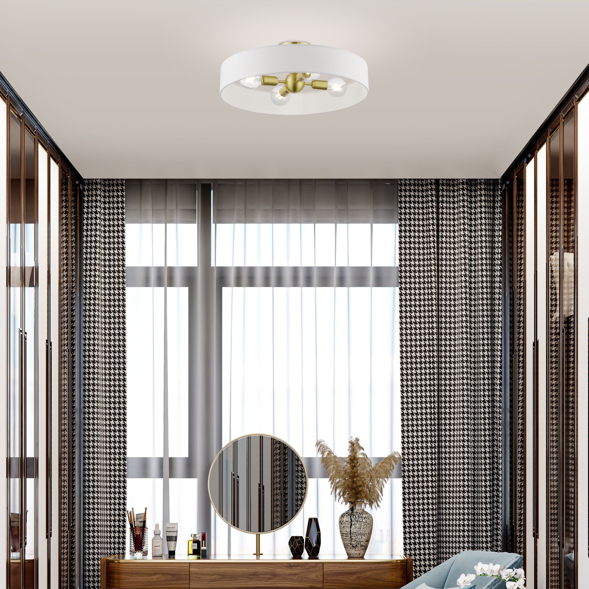 Venlo 4 Light Satin Brass Large Semi-Flush with Shiny White Accents