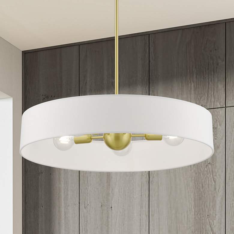 Image 1 Venlo 5 Light Satin Brass Large Drum Pendant with Shiny White Accents