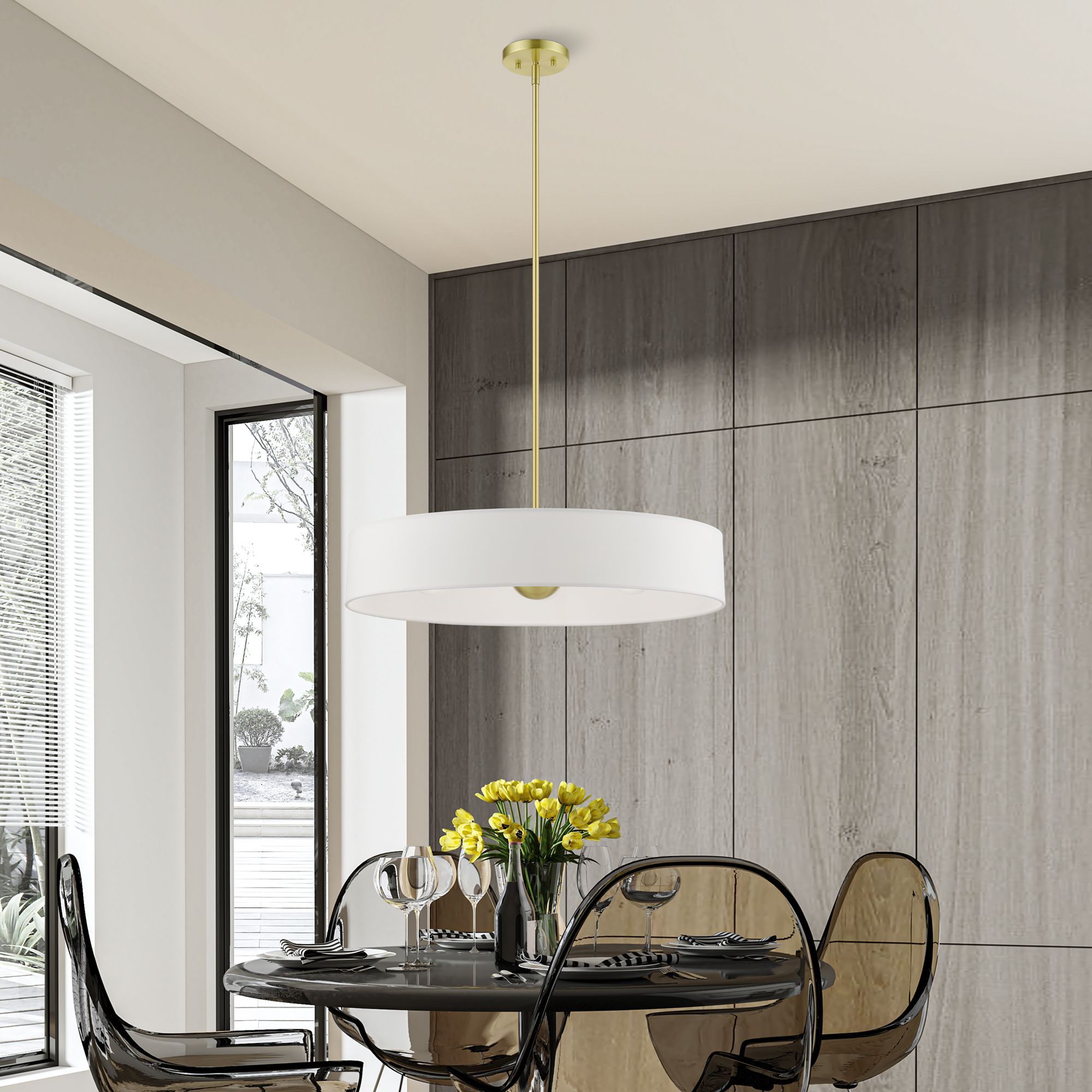 Venlo 5 Light Satin Brass Large Drum Pendant with Shiny White Accents