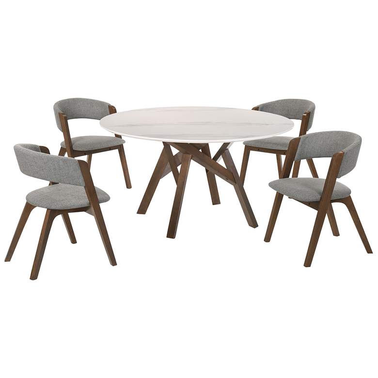 Image 1 Venus and Rowan 5 Piece Round Dining Set in Walnut, Marble and Rubberwood