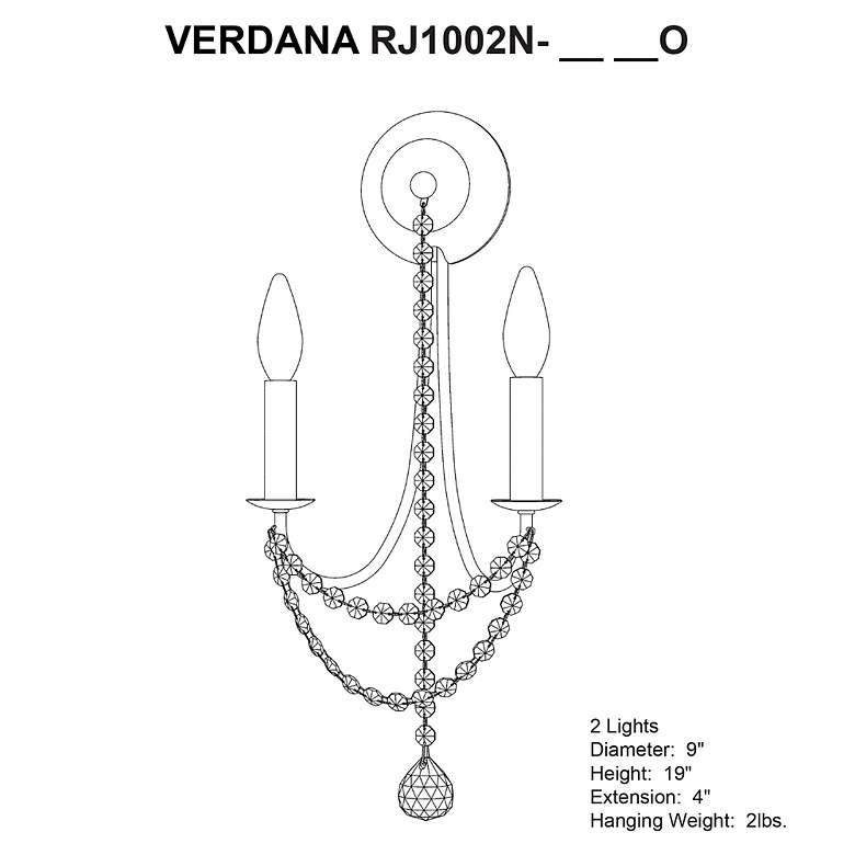 Image 4 Verdana 19"H x 9"W 2-Light Crystal Wall Sconce in Antique Silver more views
