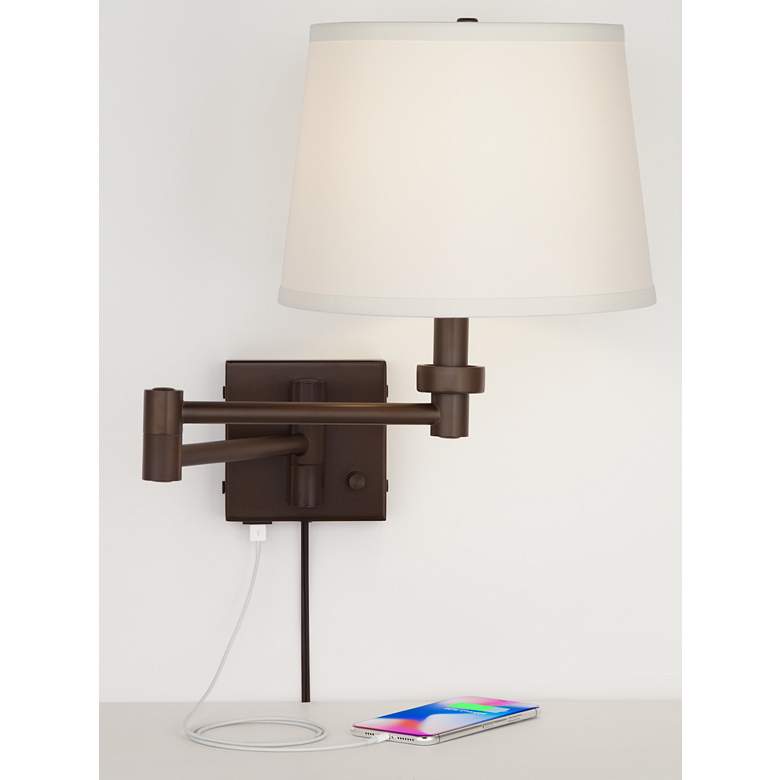Image 2 Vero Bronze Plug-In Swing Arm Wall Lamp with USB Port and Cord Cover more views